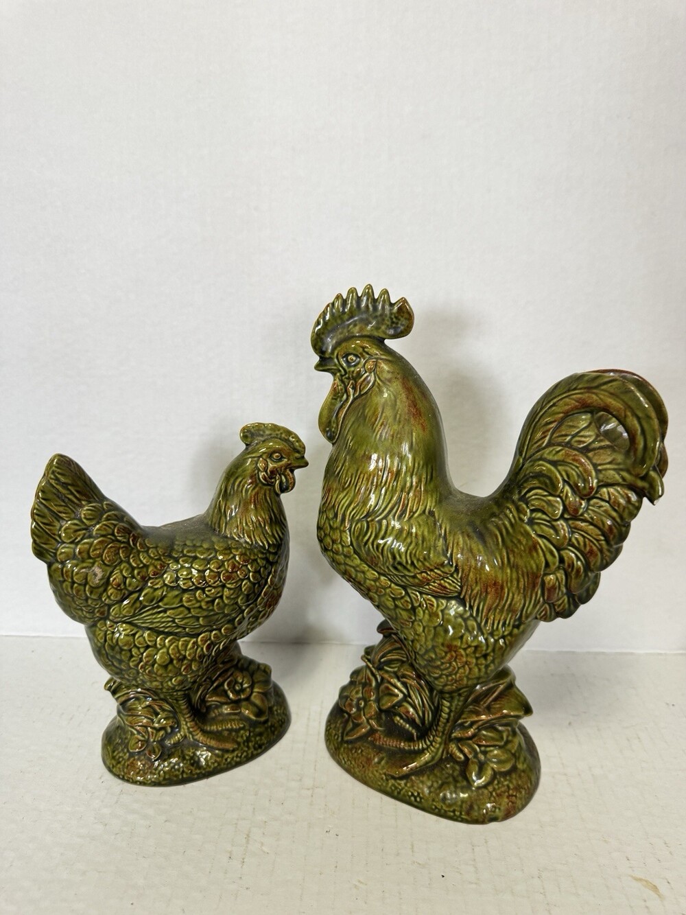Vintage Ceramic Rooster Hen Figurines Pair Olive Green Brown Farmhouse Decor